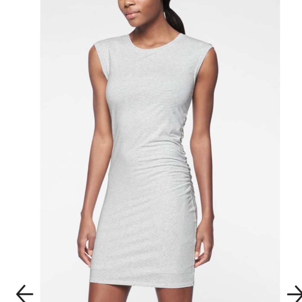 Athleta Carefree Tee Dress White & Grey Stripe Ruched Size Medium Petite